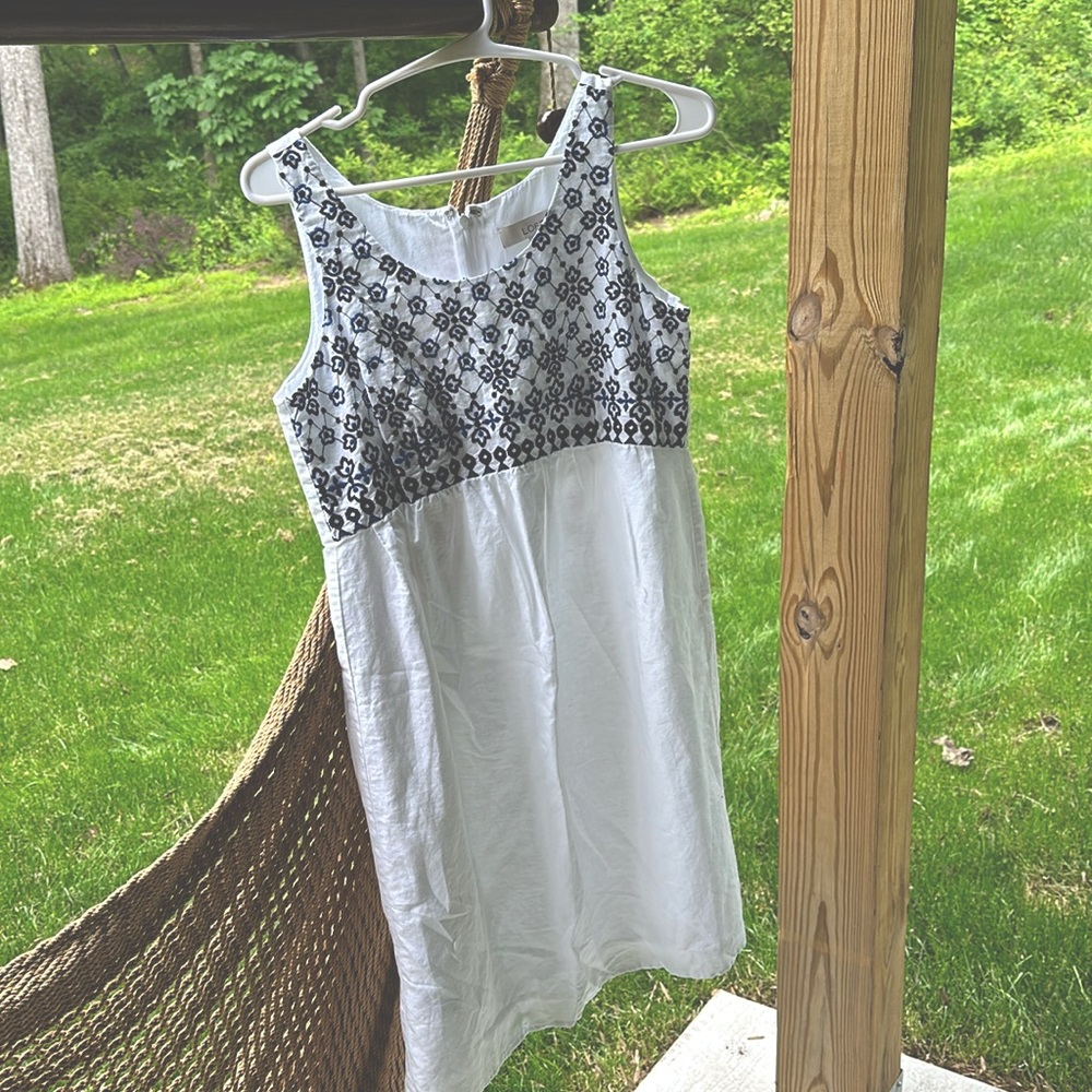White tank dress with blue embroidery. LOFT